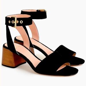J Crew Penny Ankle-Strap Sandals In Black Suede Block Heel Gold Hardware SZ 8